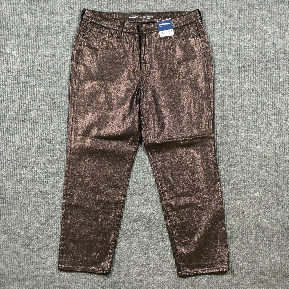Old Navy High Rise OG Straight Ankle Jeans Womens Size 14 Black Shine Metallic